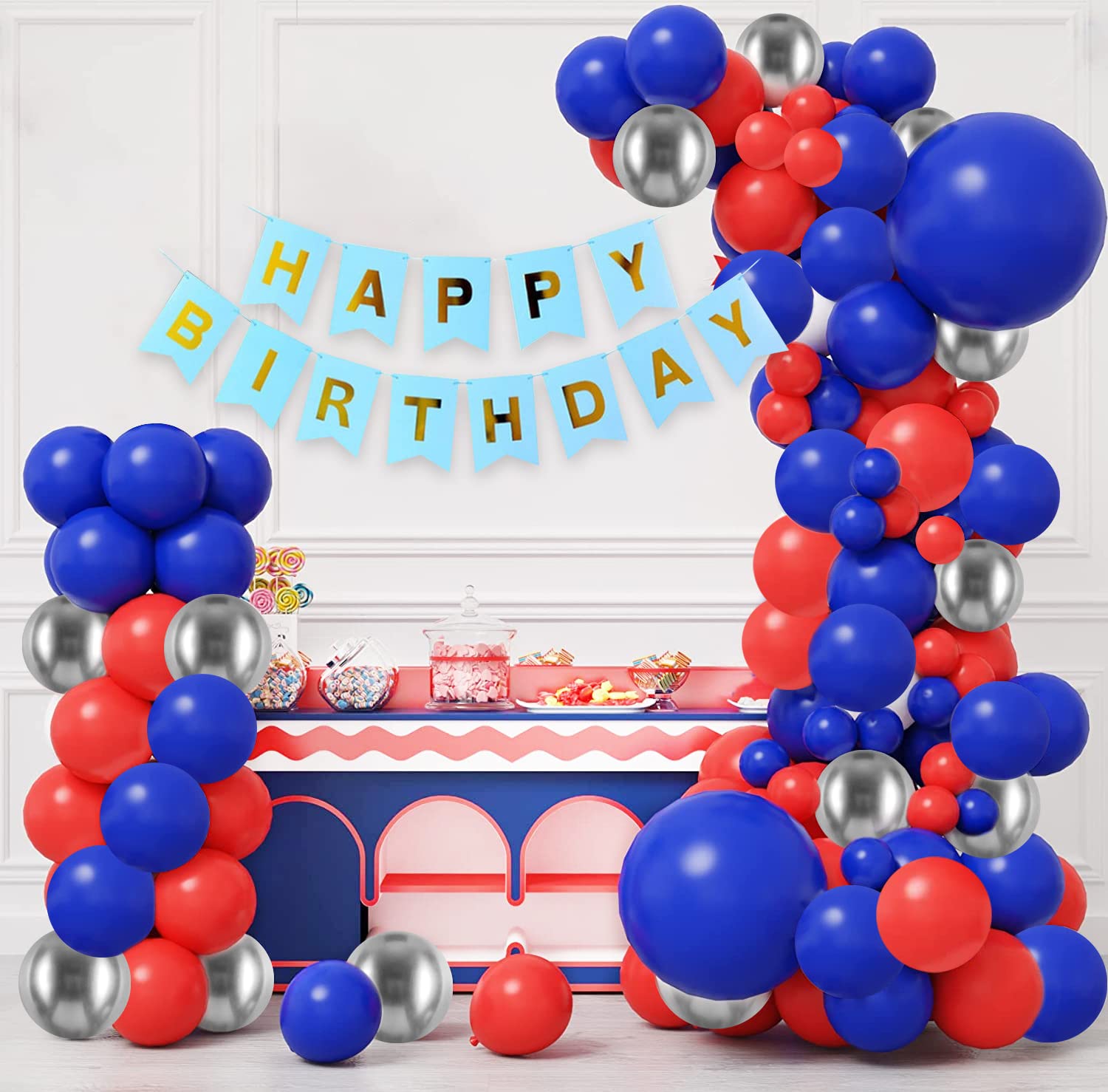Birthday Decoration DIY Combo Items - Cute 63Pcs Happy Birthday Decoration Kit | Birthday Decoration Items For Boy | Blue and Red Balloons For Decoration | Blue Happy Birthday Banner