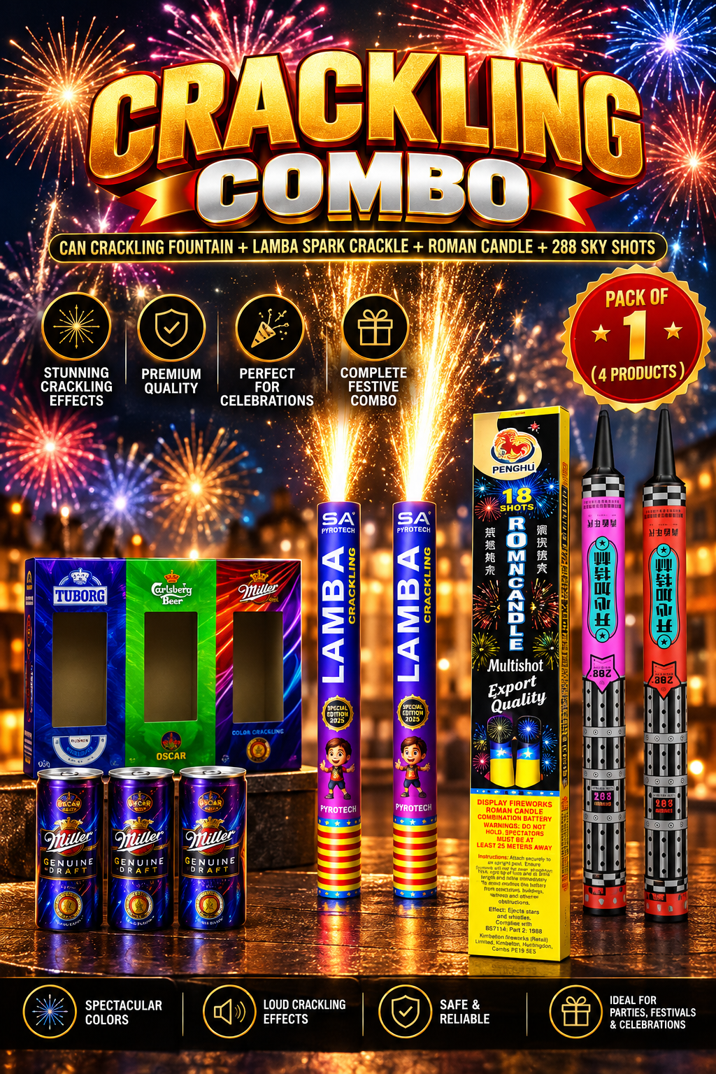 Dhamaka combo(288 Skyshort+Can Crackling Fountain+Lamba Spark Crackle+Roman Candle)
