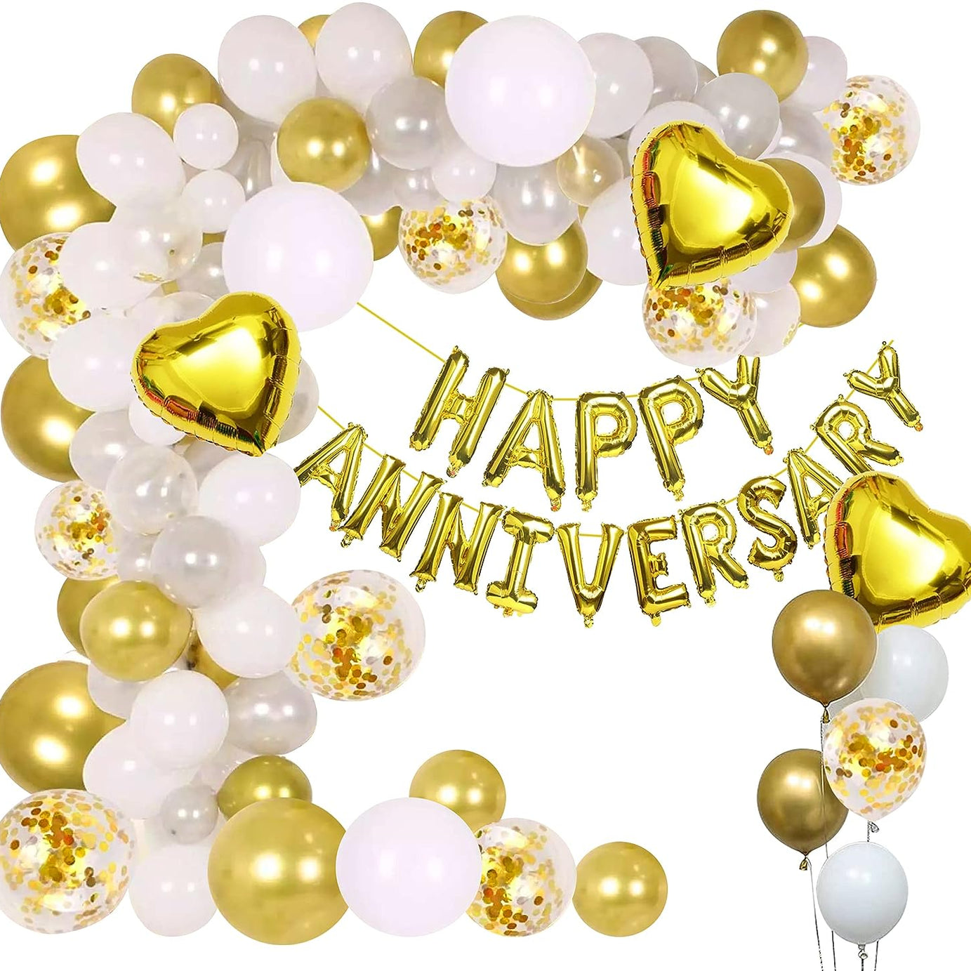 White and Golden Happy Anniversary Decorations for Home DIY Combo Kit with Foil Balloon, Metallic Balloons, Heart Foil Combo 50Pcs for 1st, 25th,50th Wedding Party Decoration,Mom DAD