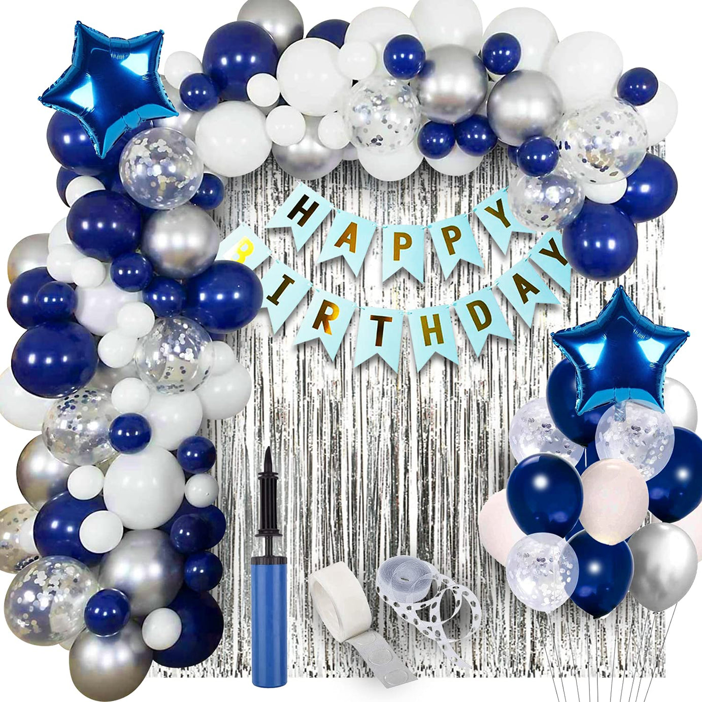 Blue and Silver Happy Birthday Decoration Items Kit - 58 Pcs