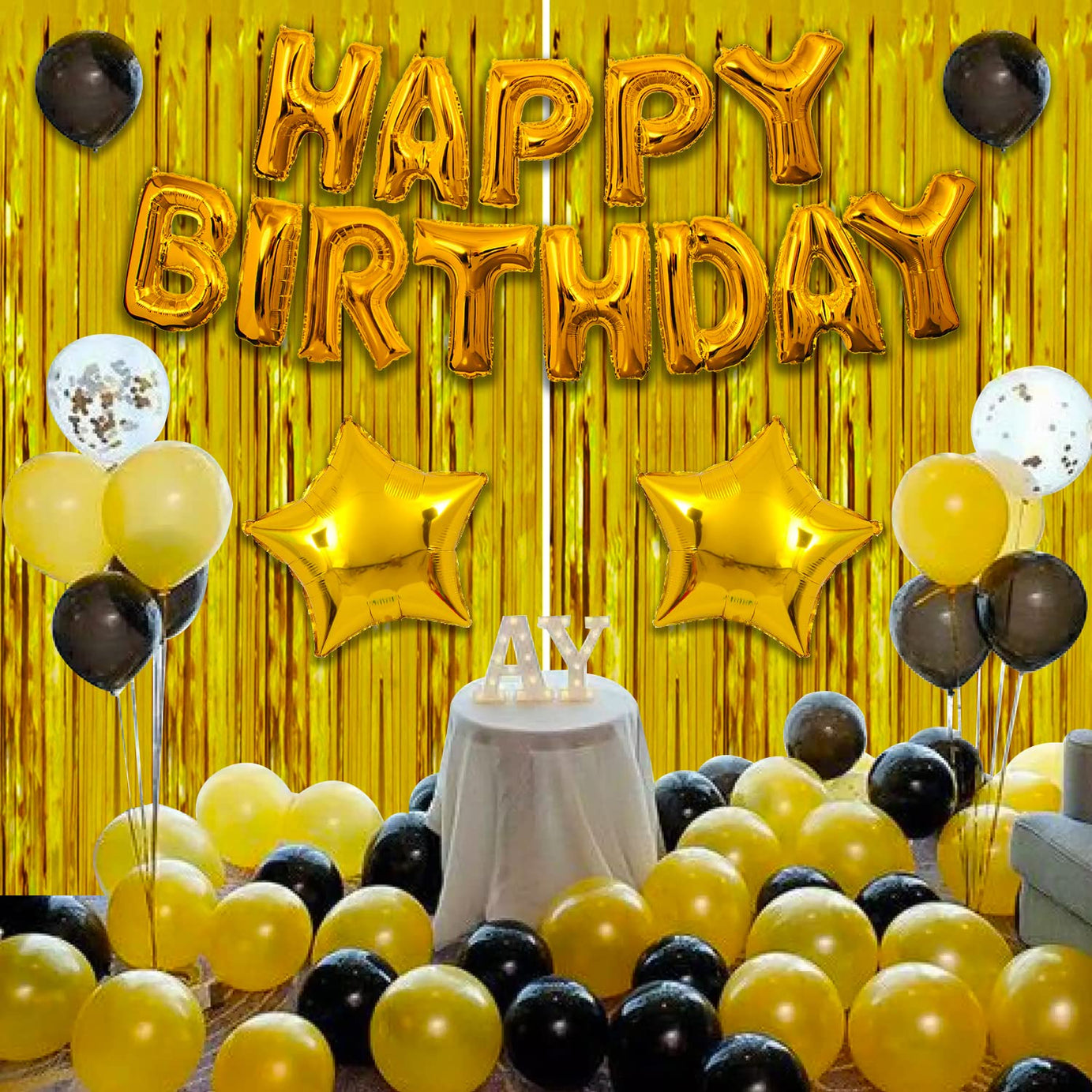 Golden Birthday Decoration Items DIY Combo  Set For Kids Wife - Happy Birthday Foil Balloon, Metallic Star Foil Balloons, Foil Curtain For Birthday Decorations Celebrations - 75Pcs