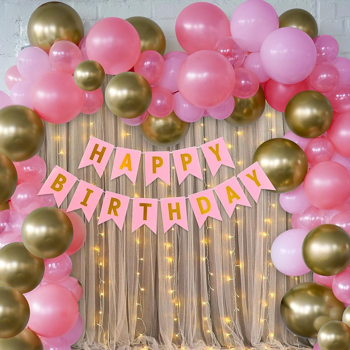 Happy Birthday Balloon Garland Decoration- 66Pcs Pack With Happy Birthday Paper Banner, Net Curtains & Pink and Gold Balloons Arch DIY Combo