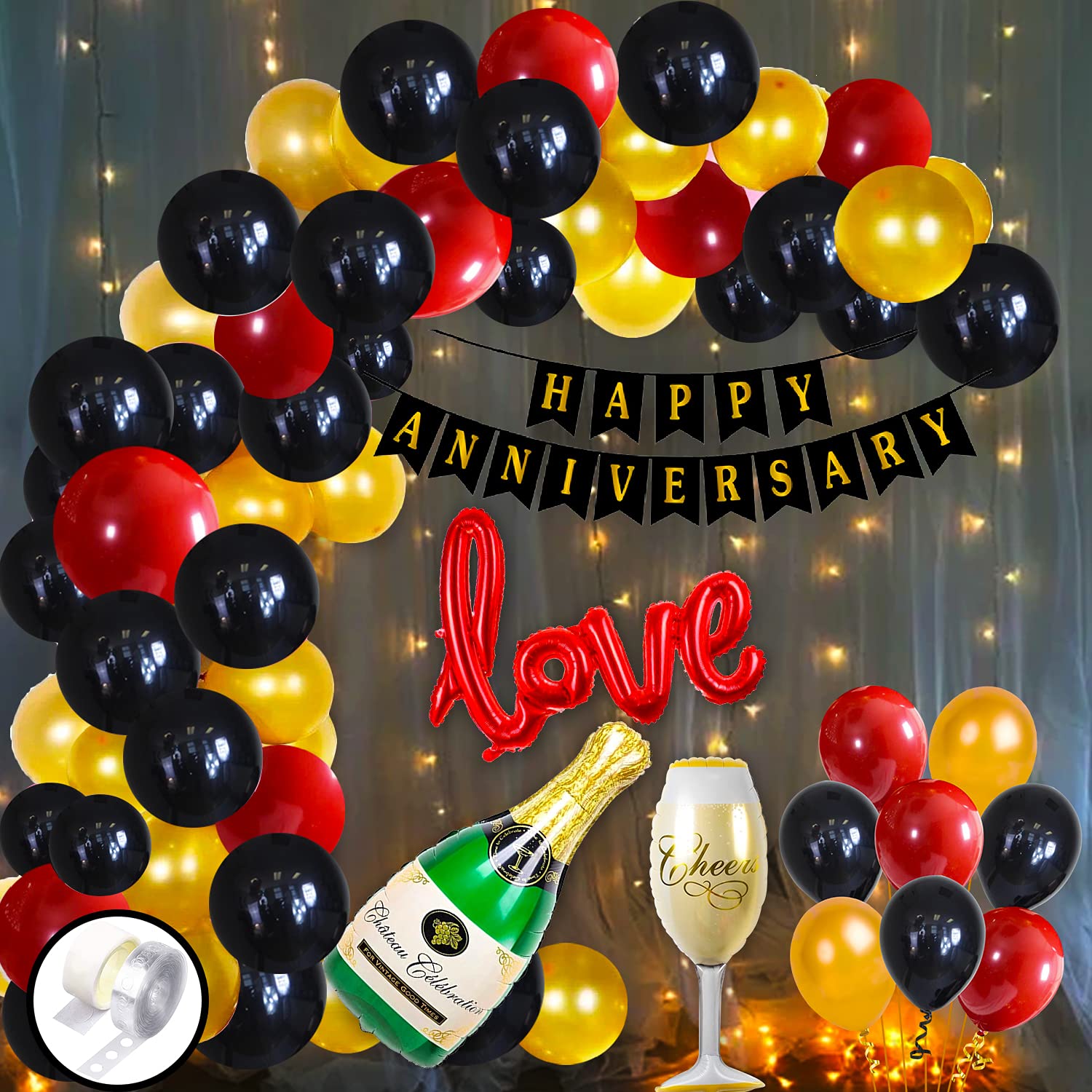 Happy Anniversary Decoration DIY Combo Kit - 57 Pcs - Anniversary Banner + Love Foil Balloon + Metallic Balloon + Cheers & Champagne Foil Balloon + Balloon Arch + Glue Dot + LED Fairy .