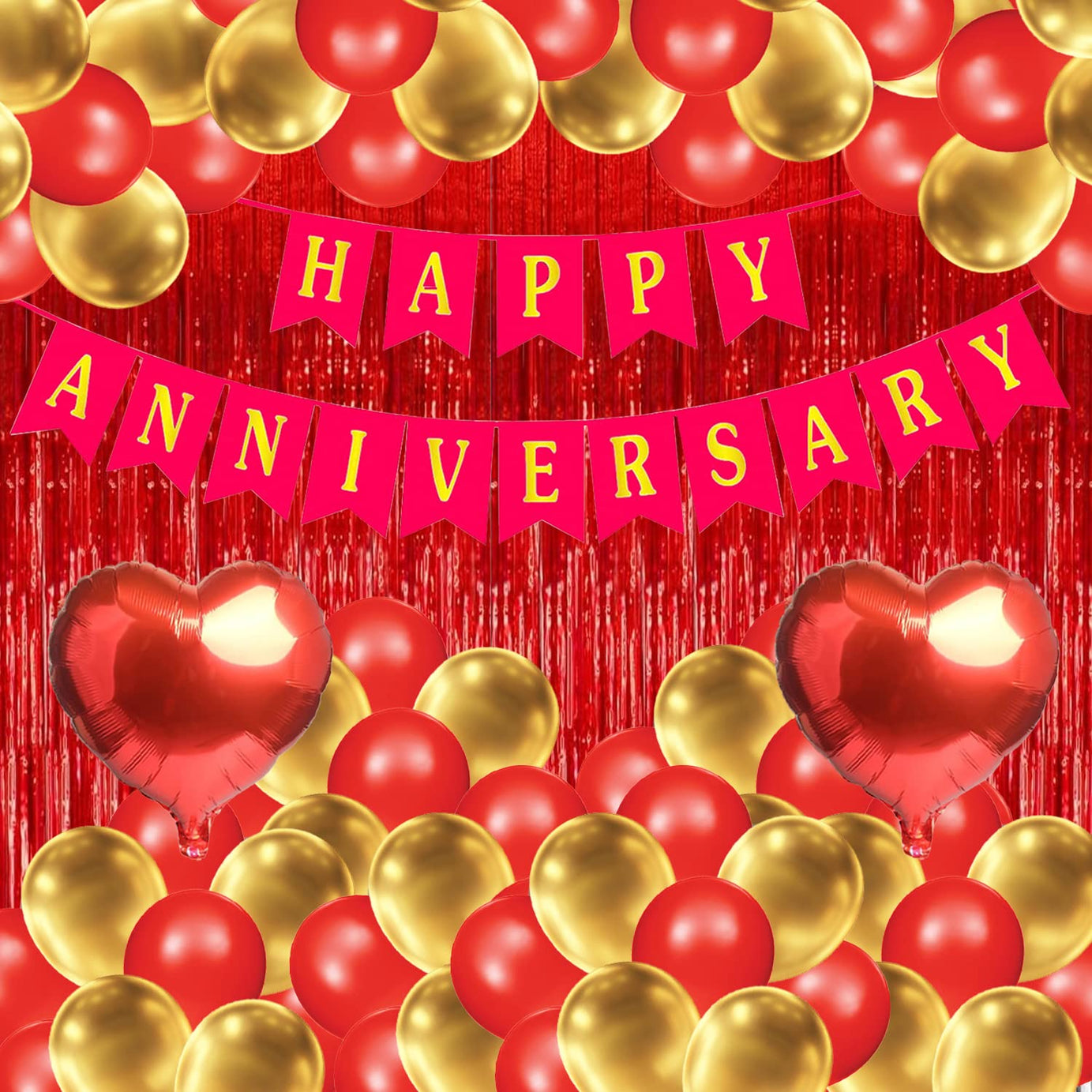 Red & Gold Theme Happy Anniversary Decorations DIY Combo Set for Home with Foil Curtain, Red & Gold Metallic Balloons, Red Heart Foil Balloons for Anniversary Balloons Decoration Pack of 35 Pcs