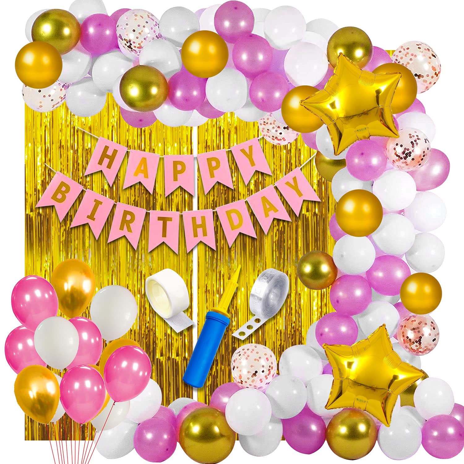 Happy Birthday Decoration Items Kit DIY Combo Set Birthday Bunting Golden Foil Curtain Metallic Confetti Balloons With Hand Balloon Pump And Glue Dot - 58 pieces(Pink, White)