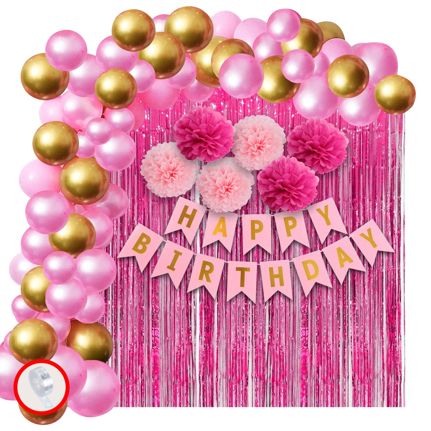 Pink Balloons for Birthday Decoration DIY Combo - Set of 49 Pcs Paper Pom Pom, Pink Birthday Combo With Happy Birthday Paper Banner | Pink Pom Pom, Foil Curtain, Pink, Golden Balloons