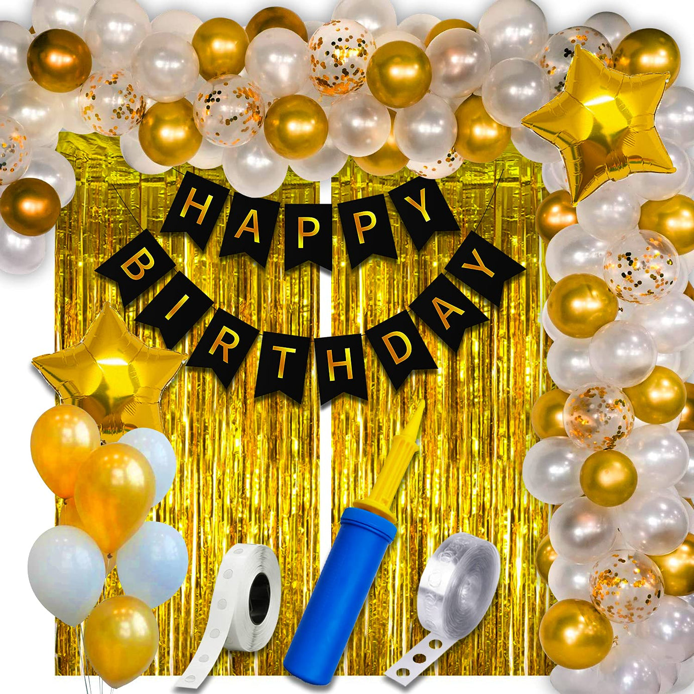 Happy Birthday Decoration Items Kit DIY Combo Set Birthday Bunting Golden Foil Curtain Metallic Confetti Balloons With Hand Balloon Pump And Glue Dot