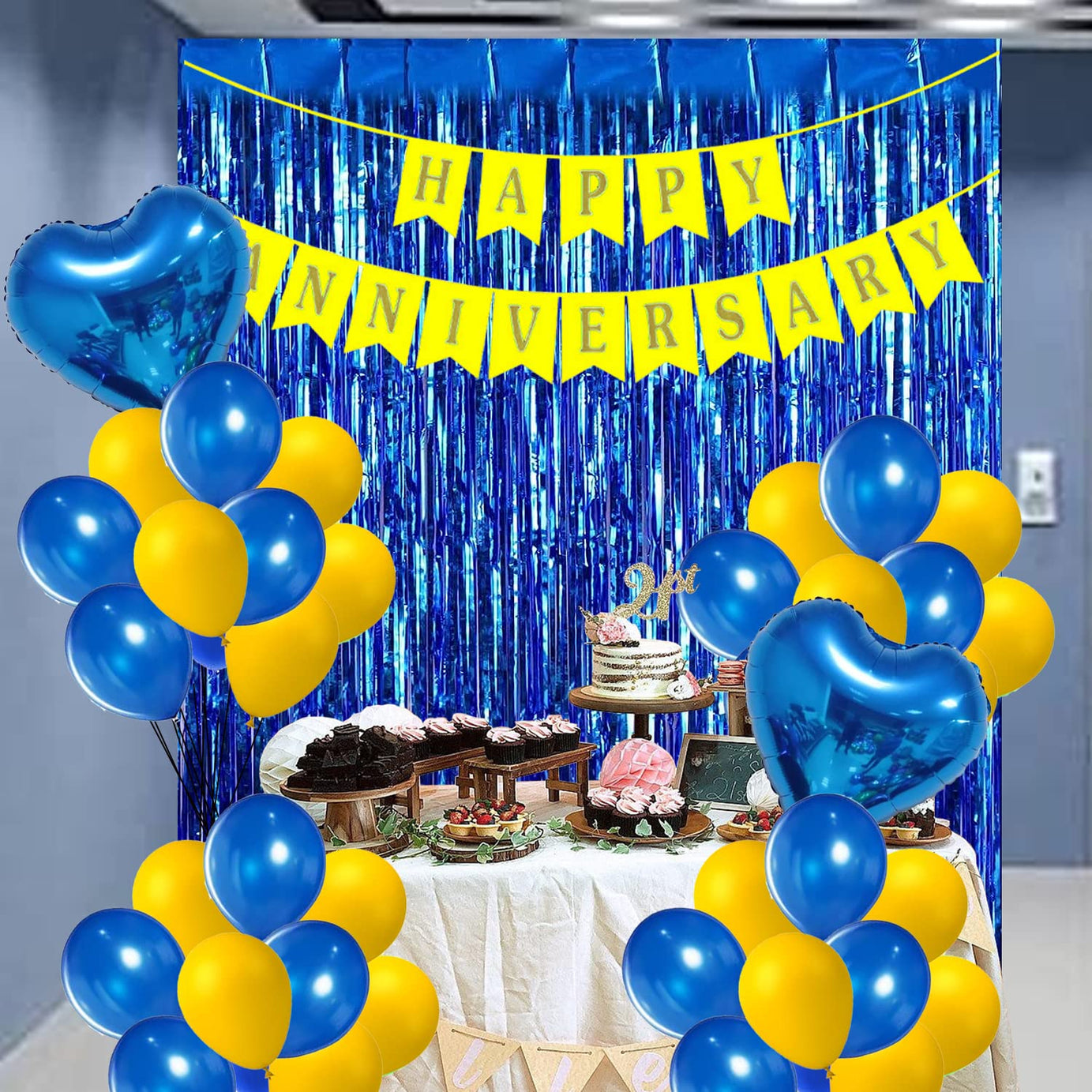 Happy Anniversary Balloons Decorations with Fringe Foil Curtain DIY Combo , Happy Anniversary Banner, Heart Foil Balloons, Blue & Yellow Latex Metallic Balloons Set of 35 Pcs with Surprise Gift