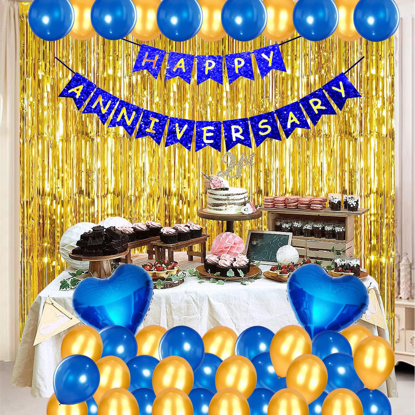 DIY Combo Blue & Golden Theme Happy Anniversary Decorative Items for Home with Blue Anniversary Banner, Fringe Foil Curtain, Heart Foil Balloons, Blue & Golden Metallic Balloons Pack of 35 Pcs