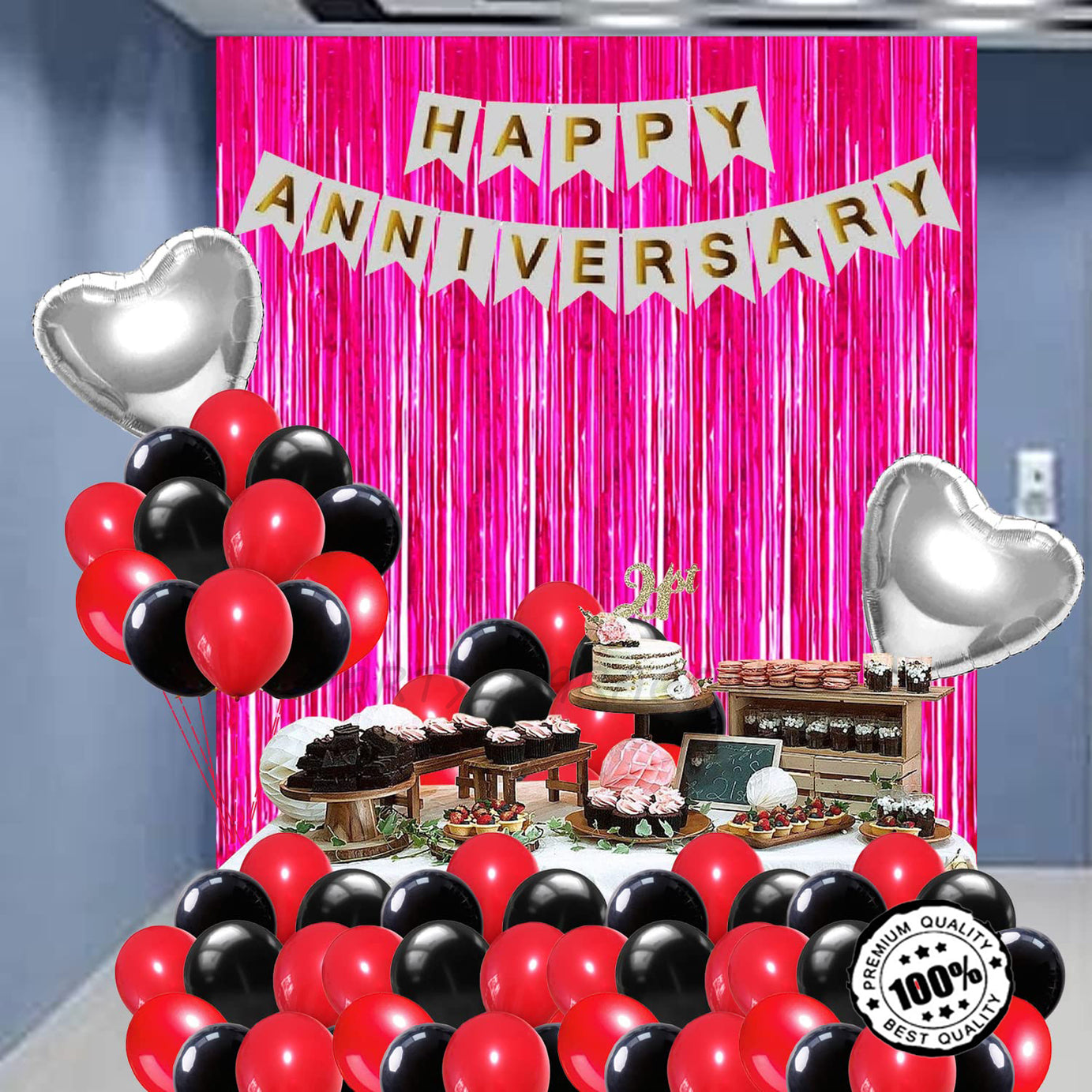 Happy Anniversary Pink Backdrop  Decoration DIY Combo Set of - 35 Pieces with Anniversary White Banner, Foil Curtain, Heart Foil Balloons and Red-Black Latex Anniversary Decorations Balloons Set