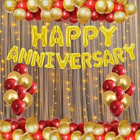 Happy Anniversary Decoration DIY Combo Kit - 44Pcs Gold & Red