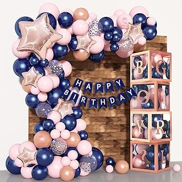 61 Pcs Rose Gold Blue Pink Balloons birthday decoration kit DIY Combo, Light Pink White Balloons Confetti Latex Metallic birthday balloons for decoration.