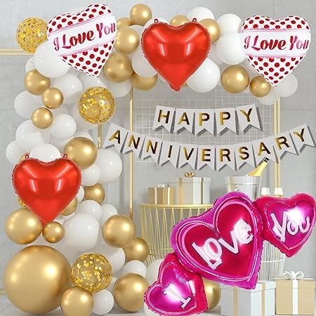 Happy Anniversary Decorations DIY Combo Items Set of 51 Pcs with Surprise Gift (Golden & White)