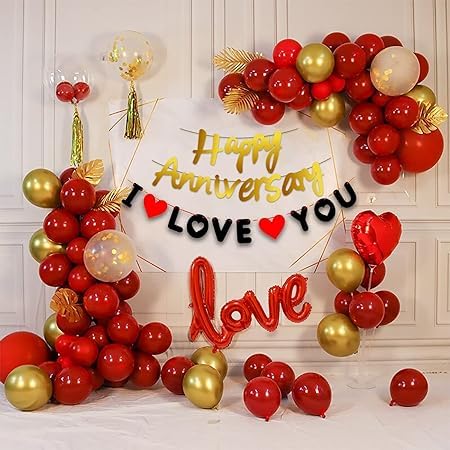 Happy Anniversary Decoration - 45 Pcs with Surprise Gift (Gold & Red)