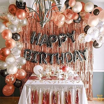 Set of 60 Pcs Happy Birthday Decoration DIY Combo For Boys Girls/friend-Happy Birthday Letters ,Rose Gold Curtains , Black,rose gold & Silver Theme Metallic Foil Balloons