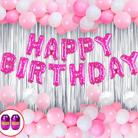 Happy Birthday Decorations DIY Combo For Girls Combo Set- Pink White Metallic Balloons With foil curtain, Happy Birthday Letter Foil Balloon, 1st, 2nd, 3rd, 4, 5,6th - 44Pcs