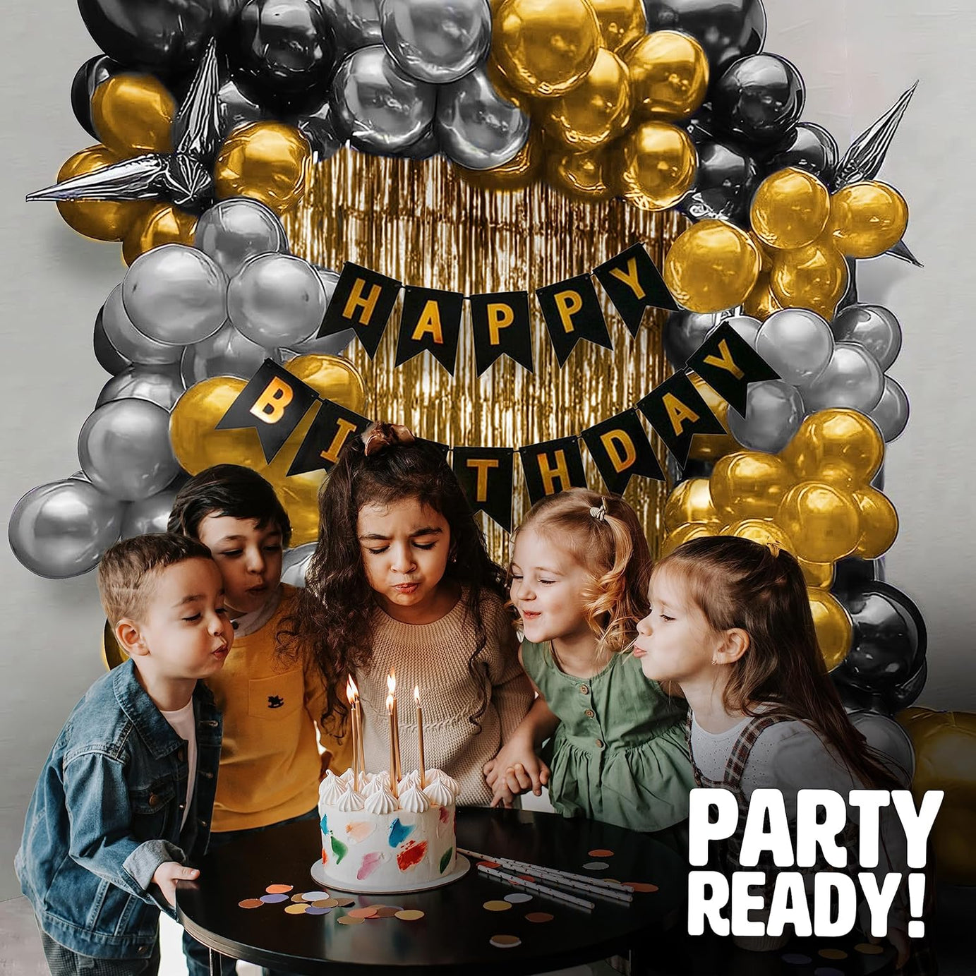 Set of 60 Pcs- 45 Metallic Balloons, Happy Birthday Banner, 2 Curtains