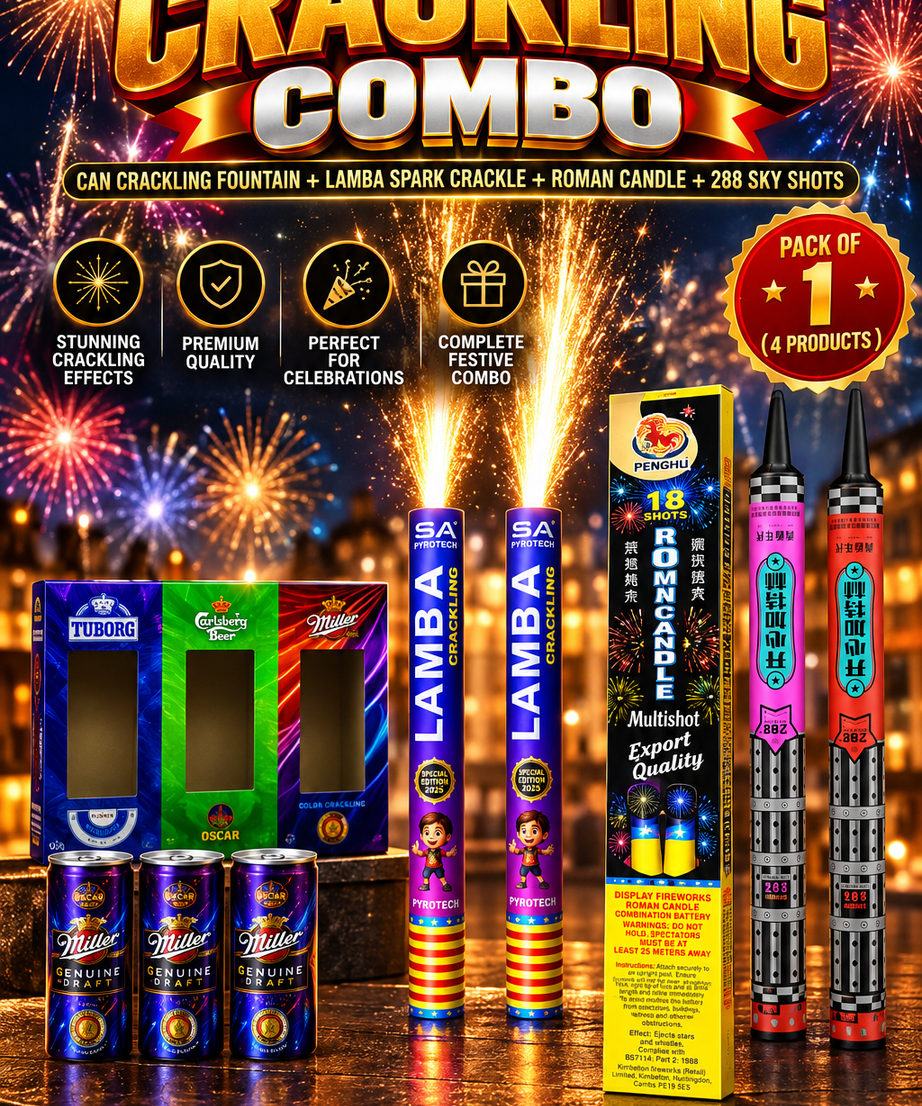 Dhamaka combo(288 Skyshort+Can Crackling Fountain+Lamba Spark Crackle+Roman Candle)