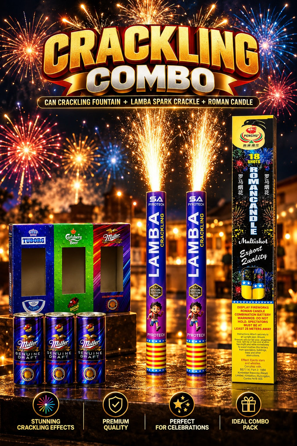 Crackling combo(Can Crackling Fountain + Lamba Spark Crackle + Roman Candle)